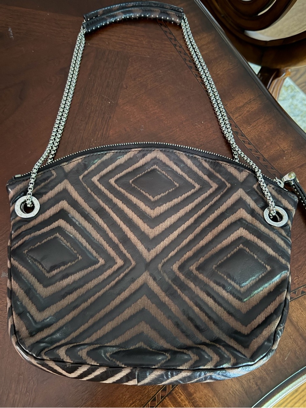 Henri Bendel Vintage Brown and Black Geometric Chain Strap Shoulder Bag
